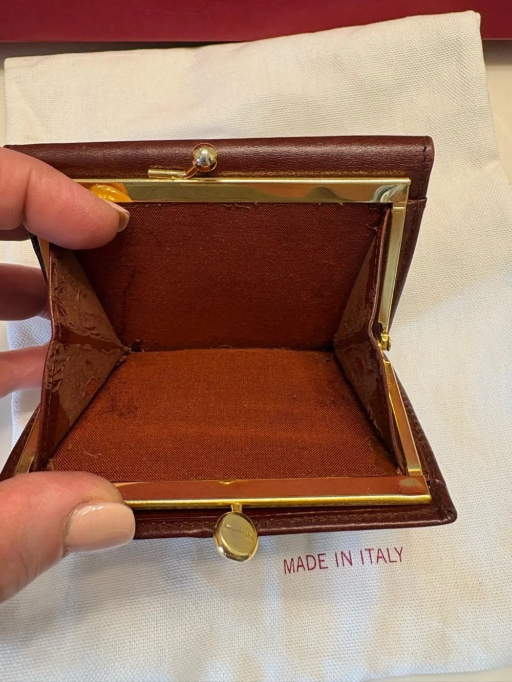 Salvatore Ferragamo Burgundy Leather Wallet Gold Hardware Luxury